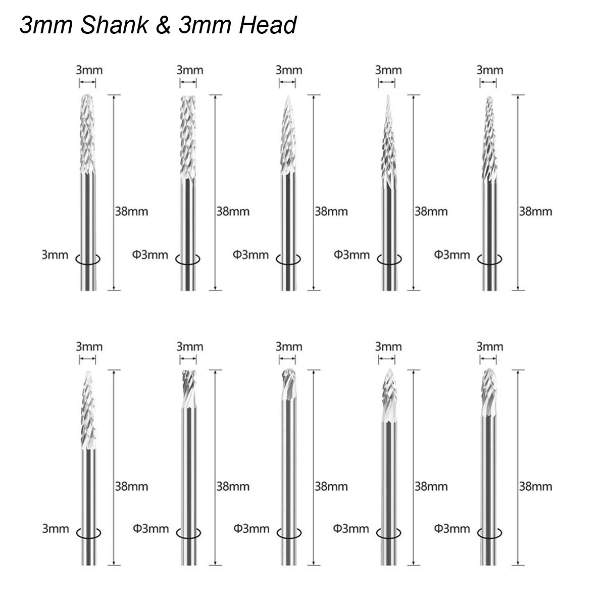 3mm 생크 텅스텐 카바이드 버 1/8 
